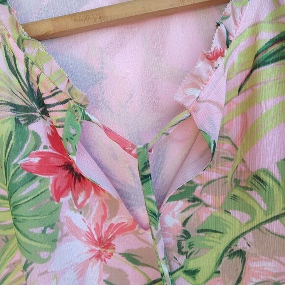 J Jill Pink Tropical Print Chiffon Tunic Top Size MP Hawaiian Tassels 3/4 Sleeve - Picture 6 of 11